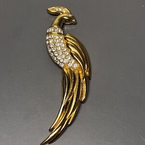 Monet Gold Tone Rhinestone Long Phoenix Bird Brooch Pin Clear Crystal Costume